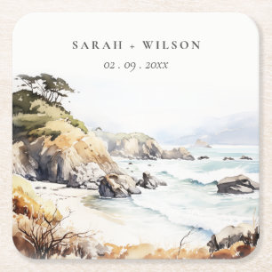 Big Sur, Kalifornien Aquarell-Landschaft-Hochzeit Rechteckiger Pappuntersetzer