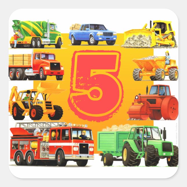 Big Trucks 5th Birthday Quadratischer Aufkleber (Vorderseite)