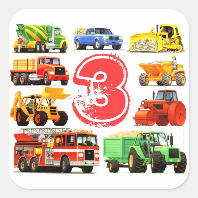 Big Trucks Boys 3. Geburtstag Quadratischer Aufkleber (Vorderseite)