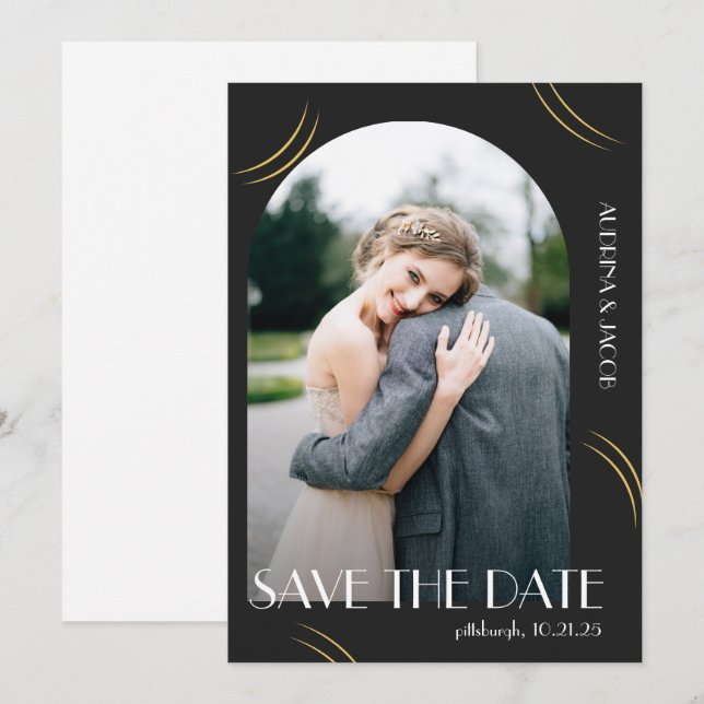 Big Typografy Foto Wedding Save the Date Black (Vorne/Hinten)