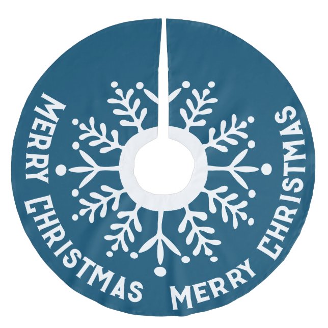 Big White Snowflake, Frohe Weihnachten Weiß auf Bl Polyester Weihnachtsbaumdecke (Vorderseite)