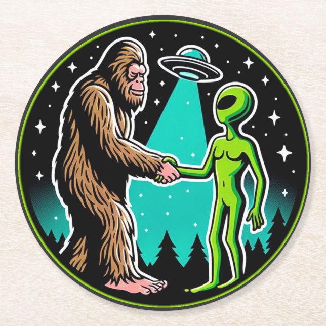 Bigfoot Alien Alliance - Funny Scifi Cryptid Runder Pappuntersetzer (Vorderseite)