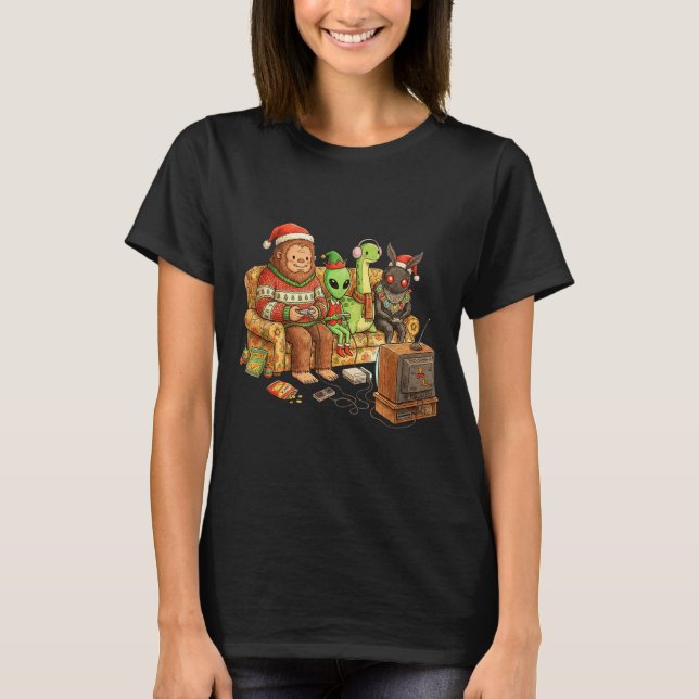 Bigfoot Alien Nessie Mothman Retro Gaming Christma T-Shirt (Vorderseite)