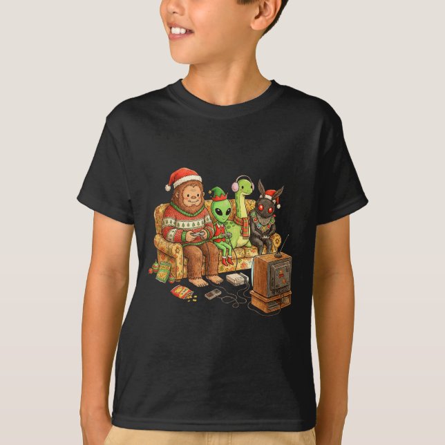 Bigfoot Alien Nessie Mothman Retro Gaming Christma T-Shirt (Vorderseite)