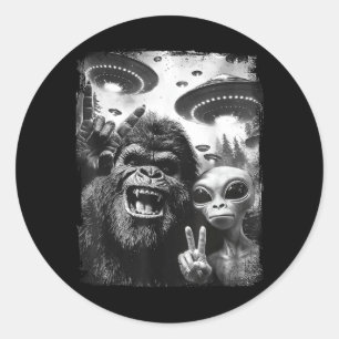 Bigfoot Alien Selfie Rock On Friedenszeichen Lusti Runder Aufkleber