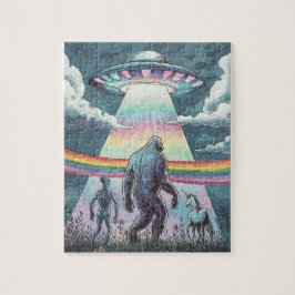 Bigfoot, Alien und Einhorn mit einem UFO