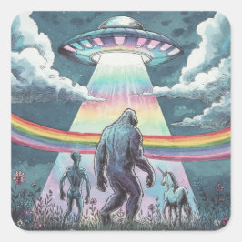 Bigfoot, Alien und Einhorn mit einem UFO Quadratischer Aufkleber