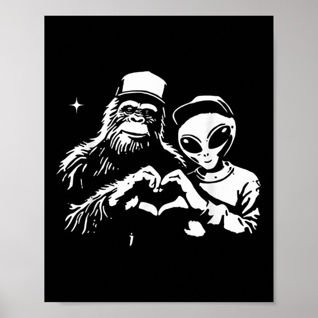 Bigfoot and Alien Heart Hands Funny Valentines Big Poster (Vorne)