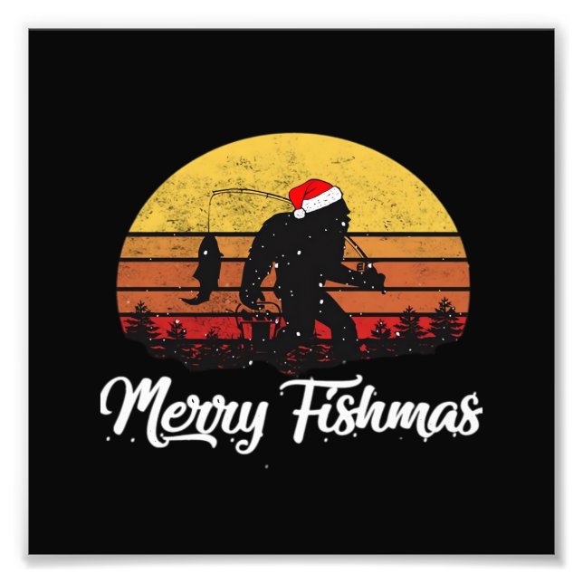 Bigfoot Christmas Santa Hat Merry Fishmas Vintage  Fotodruck (Vorne)