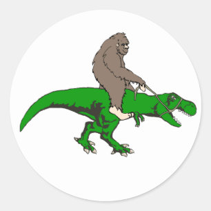 Bigfoot, der T Rex reitet Runder Aufkleber