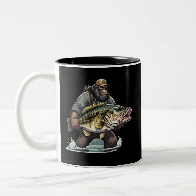 Bigfoot Fischen Bass Fisch Sasquatch Yeti Zweifarbige Tasse (Links)
