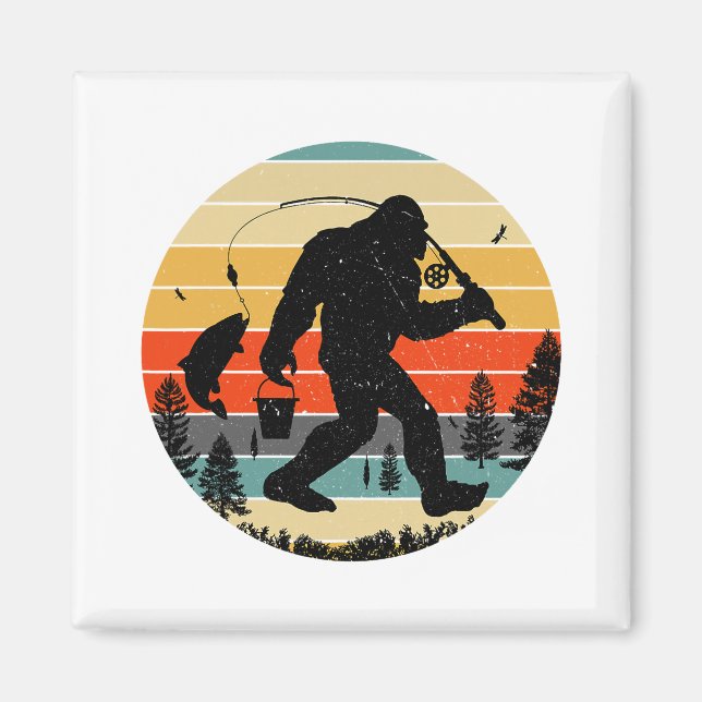 Bigfoot Fischen Yeti Sasquatch Fischer Retro Magnet (Vorne)