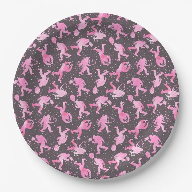 Bigfoot in Liebe Valentine in Rosa und Grau Pappteller (Vorderseite)