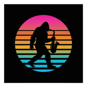 Bigfoot Jazz Saxophon Retro-Sonnenuntergang-Design Poster