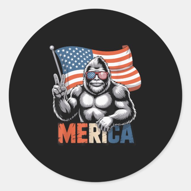 Bigfoot Merica Rock American Flag Patriotic 4. Runder Aufkleber (Vorderseite)