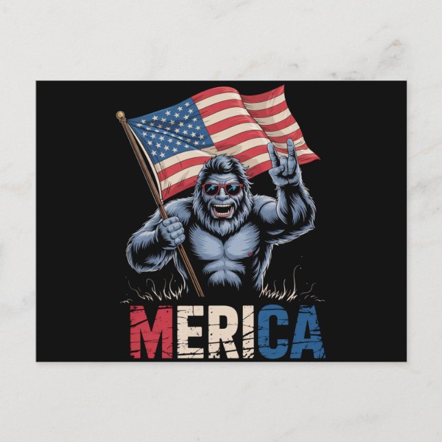Bigfoot Merica Rock American Flag Patriotic Postkarte (Vorderseite)