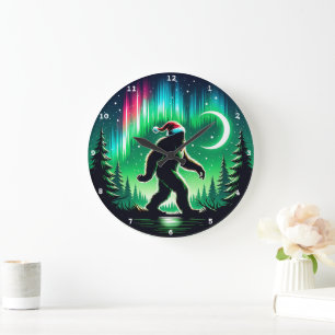 Bigfoot Mit Aurora Borealis und Weihnachtsjubeln Große Wanduhr