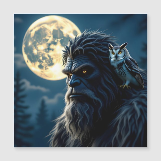 Bigfoot mit leuchtenden Augen und Eule auf der Sch Magnetkarte (Vorderseite)