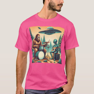 Bigfoot mit Trommeln und Alien spielen elektrische T-Shirt