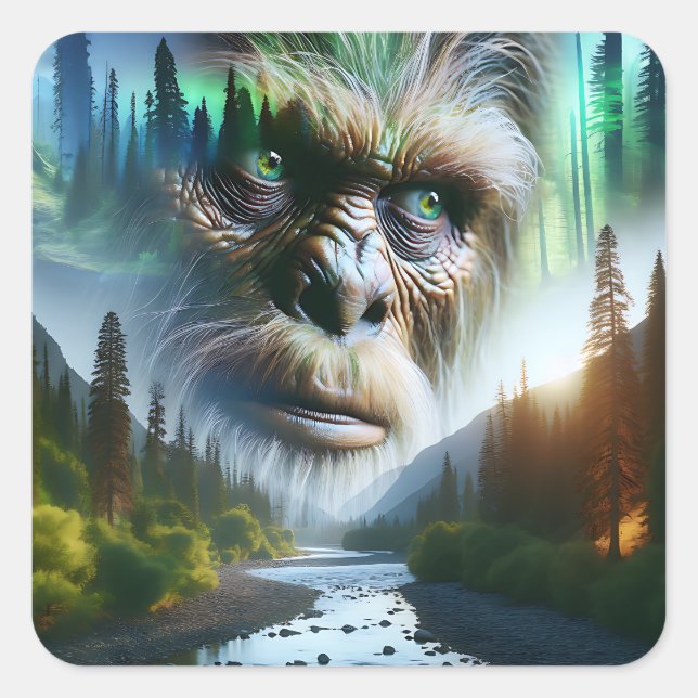 Bigfoot, Mountains, Fluss und Wald Quadratischer Aufkleber (Vorderseite)