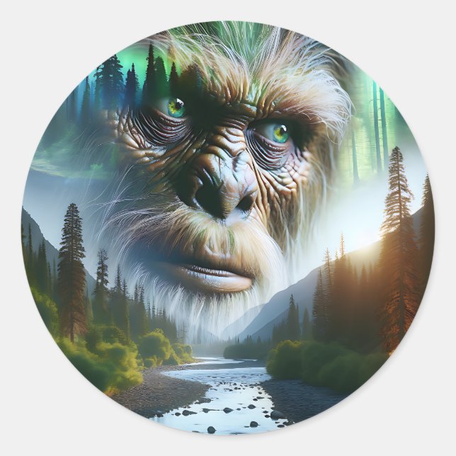 Bigfoot, Mountains, Fluss und Wald Runder Aufkleber (Vorderseite)