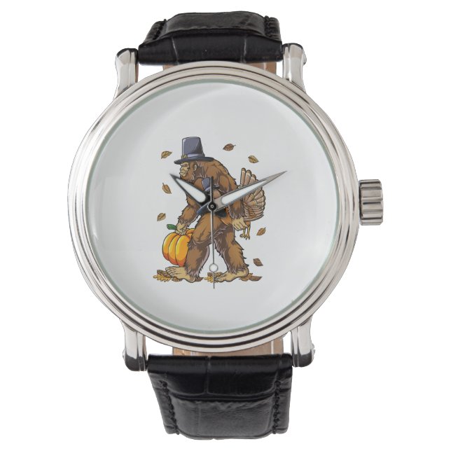 Bigfoot Pilgrim Turkey Pumpkin Erntedank Day Bo Armbanduhr (Vorderseite)
