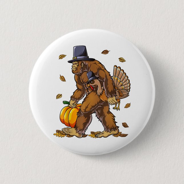 Bigfoot Pilgrim Turkey Pumpkin Erntedank Day Bo Button (Vorderseite)