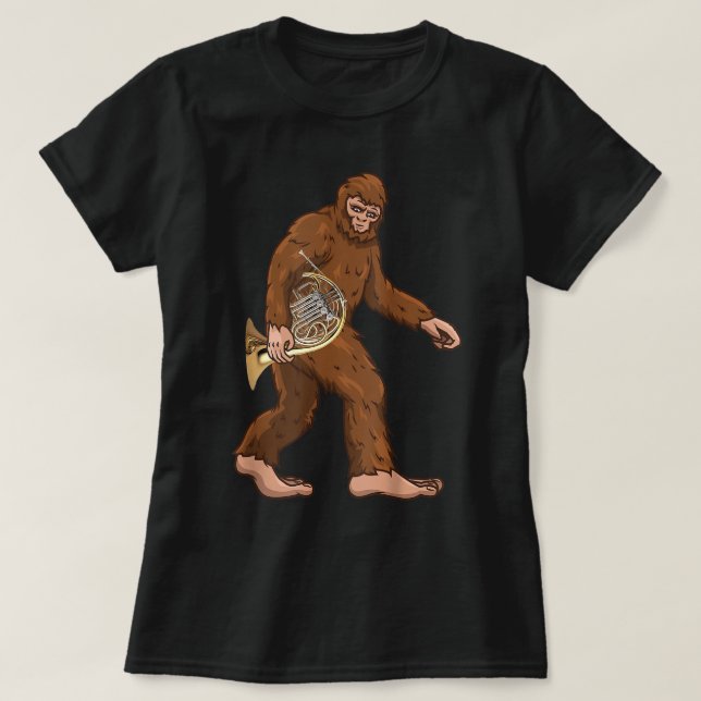 Bigfoot Playing Französisch Horn Spieler Musiker F T-Shirt (Design vorne)