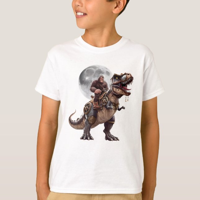 Bigfoot Riding Dinosaur Funny Sasquatch T-Shirt (Vorderseite)