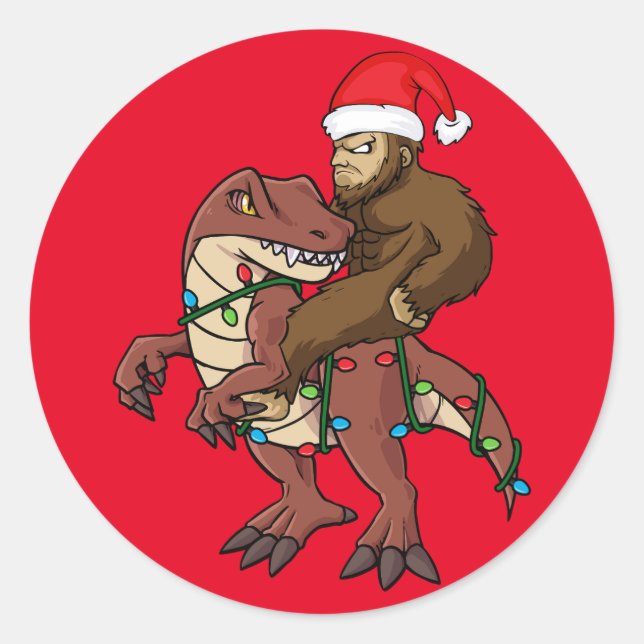 Bigfoot Riding Dinosaurier Weihnachtsbeleuchtung Runder Aufkleber (Vorderseite)