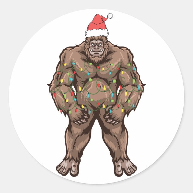 Bigfoot Santa Christmas Tree Lights Runder Aufkleber (Vorderseite)