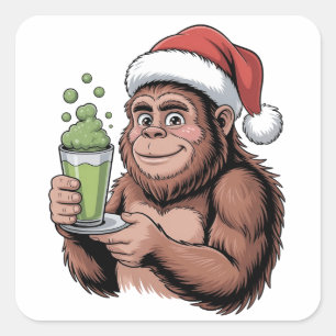 Bigfoot Santa Funny Sasquatch Holding Matcha Xmas Quadratischer Aufkleber