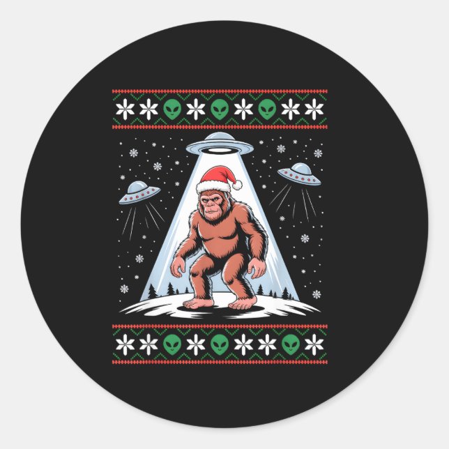 Bigfoot Santa Ufo Alien Funny Ugly Christmas Sweat Runder Aufkleber (Vorderseite)