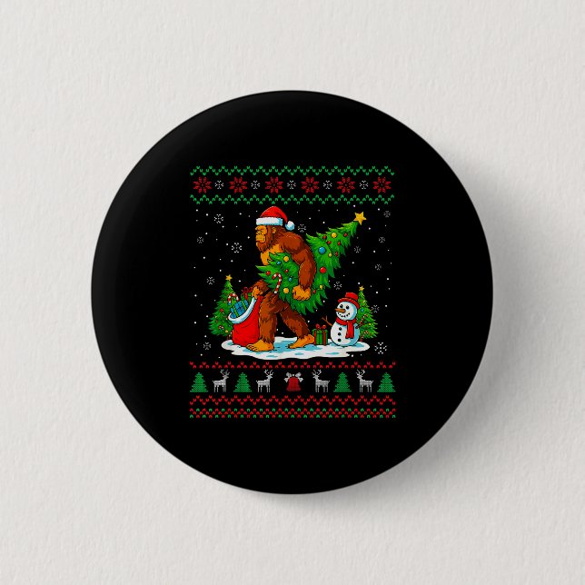 Bigfoot Santa Ugly Christmas Tree Funny Xmas Light Button (Vorderseite)