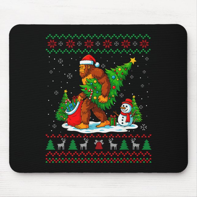 Bigfoot Santa Ugly Christmas Tree Funny Xmas Light Mousepad (Vorne)