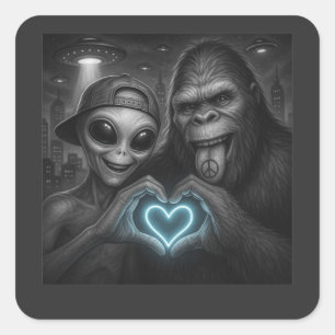 Bigfoot Sasquatch Alien Love Hand Zeichen Quadratischer Aufkleber