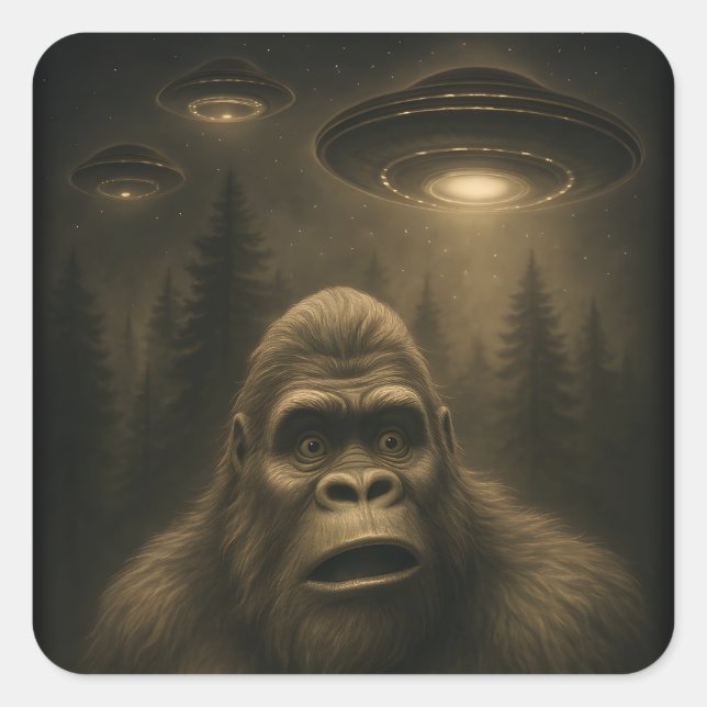 Bigfoot Sasquatch Alien UFO Funny Quadratischer Aufkleber (Vorderseite)