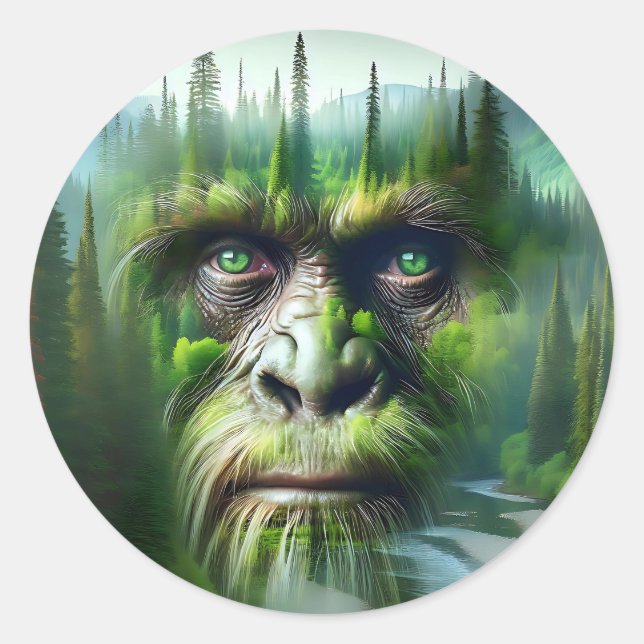 Bigfoot Sasquatch Doppelbelichtung mit Wald Runder Aufkleber (Vorderseite)