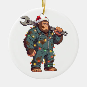 Bigfoot Sasquatch Mechaniker Weihnachten Blaumann Keramik Ornament
