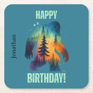 Bigfoot-Silhouette-Sonnenuntergang-Wald-Froher Geb Rechteckiger Pappuntersetzer
