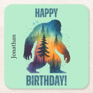 Bigfoot-Silhouette-Sonnenuntergang-Wald-Froher Geb Rechteckiger Pappuntersetzer