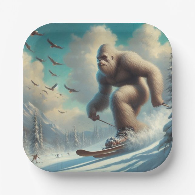 Bigfoot Skiing Pappteller (Vorderseite)