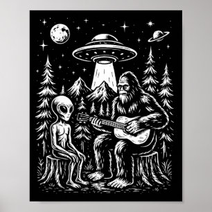 Bigfoot spielt Gitarre mit Außerirdischem und UFO Poster