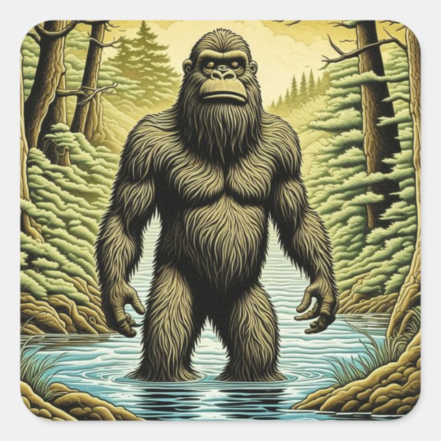 Bigfoot stehend im Wasser Cartoon Quadratischer Aufkleber (Vorderseite)