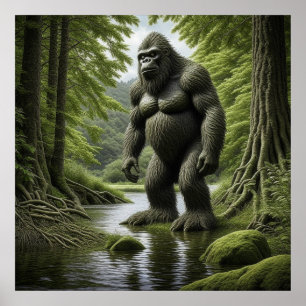 Bigfoot stehend in einem Creek-Cartoon Poster