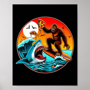 Bigfoot-Surfen-Pizza essender Hai-Angriff-Lustige  Poster