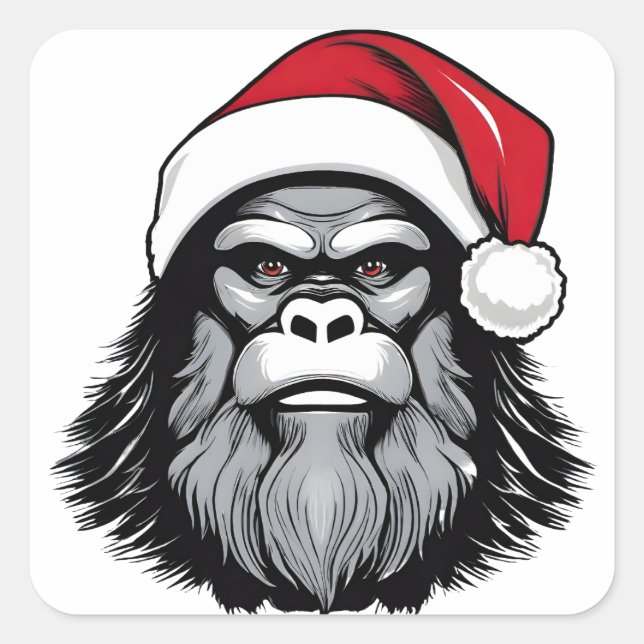 Bigfoot Tragen einer Weihnachtsmannmütze Quadratischer Aufkleber (Vorderseite)