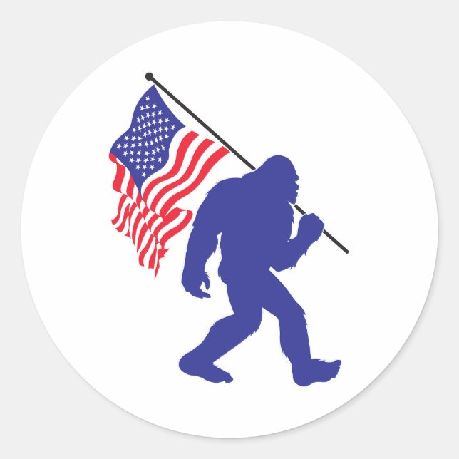 Bigfoot trägt eine amerikanische Flagge Runder Aufkleber (Vorderseite)