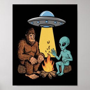 Bigfoot und Alien-Lagerfeuer für Wanderer, die im Poster