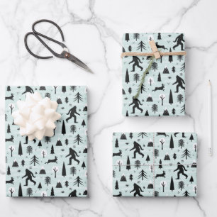 Bigfoot und Jackalope im Holzmuster Blau Geschenkpapier Set